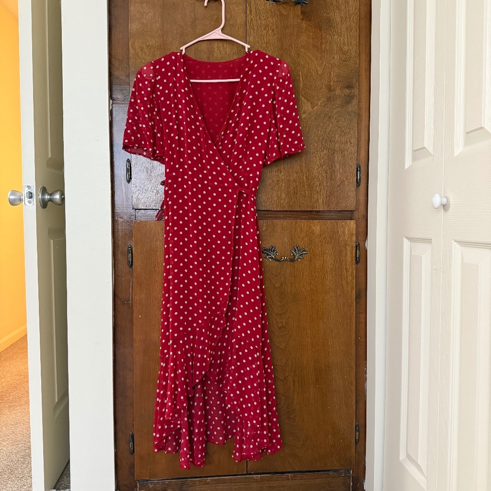 10 Momme Mulberry Silk Polka Dots Print Wrapped Ruffle Women Midi Dress - Xxs View 4